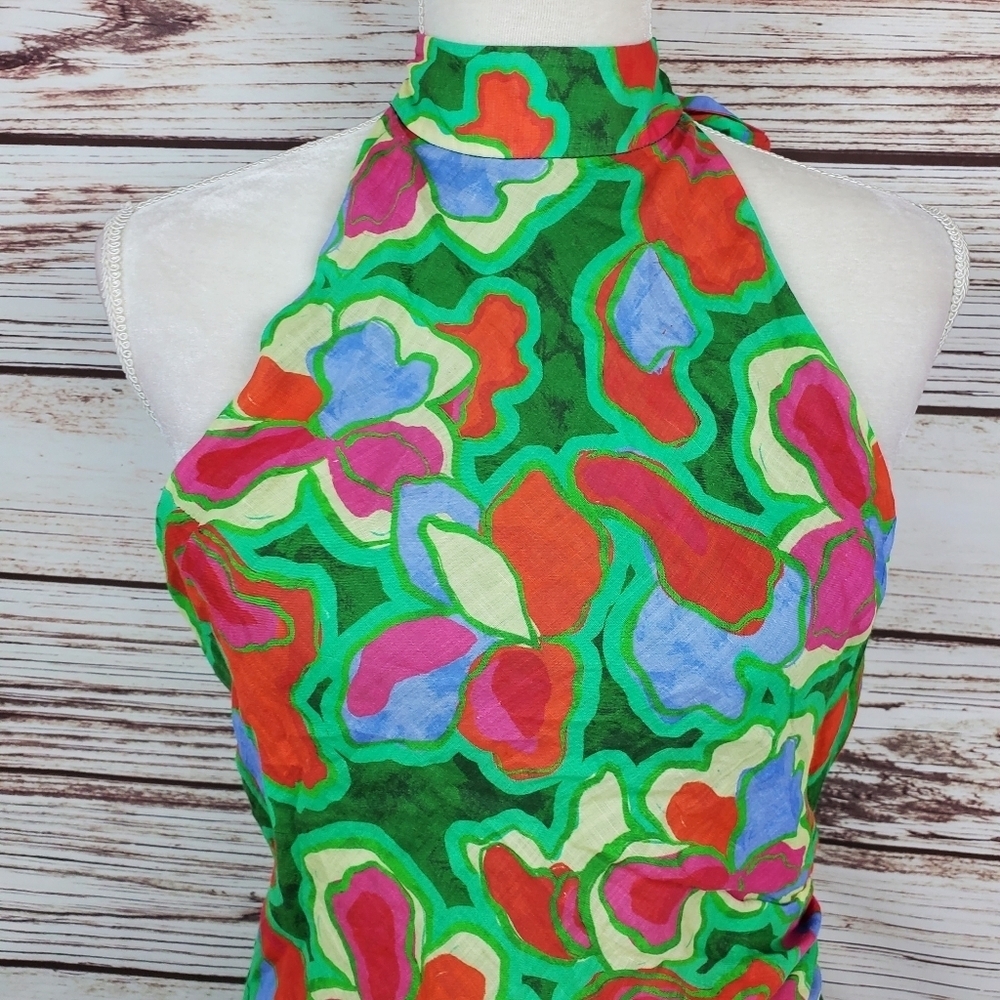 Amanda Uprichard Womens Medium Shaena Tish Style Green Floral Halter Dress  #217 - Picture 3 of 10